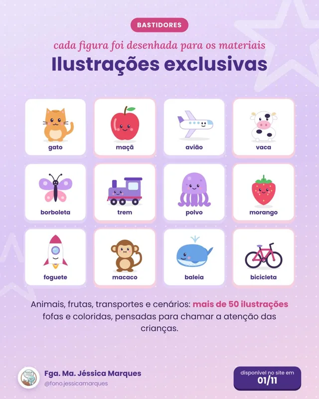 Ilustrações exclusivas dos materiais: gato, maçã, avião, vaca, borboleta, trem, polvo, morango, foguete, macaco, baleia e bicicleta